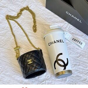 Chanel GWP White Tumbler with Black Quilted Leather sleeves and adjustable strap